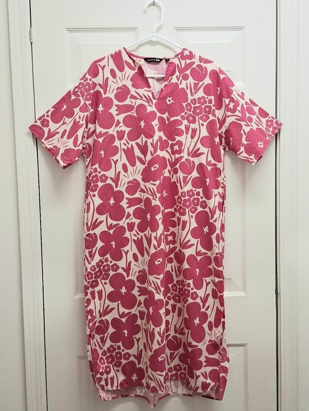 Marimekko X Uniqlo Linen Blend Floral Kaftan Shift Dress Pink Small Resort Artsy